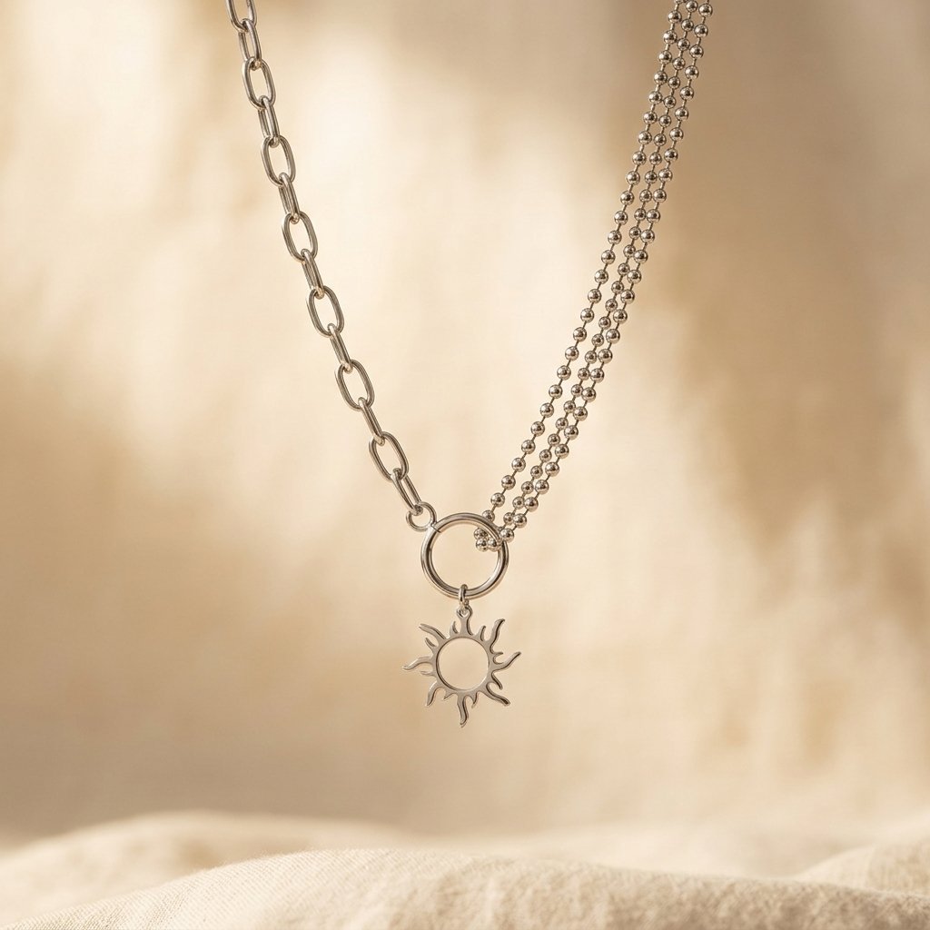 Vintage zilverkleurige asymmetrische schakelketting met zonhanger