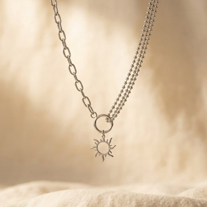 Vintage Silver Sun Pendant Asymmetrical Chain Necklace