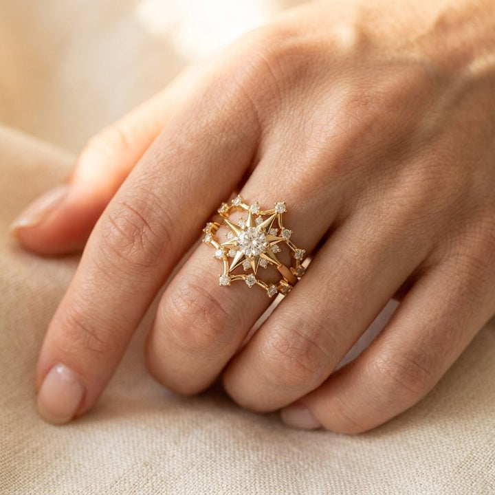 Gold Round Cubic Zirconia Starburst Ring