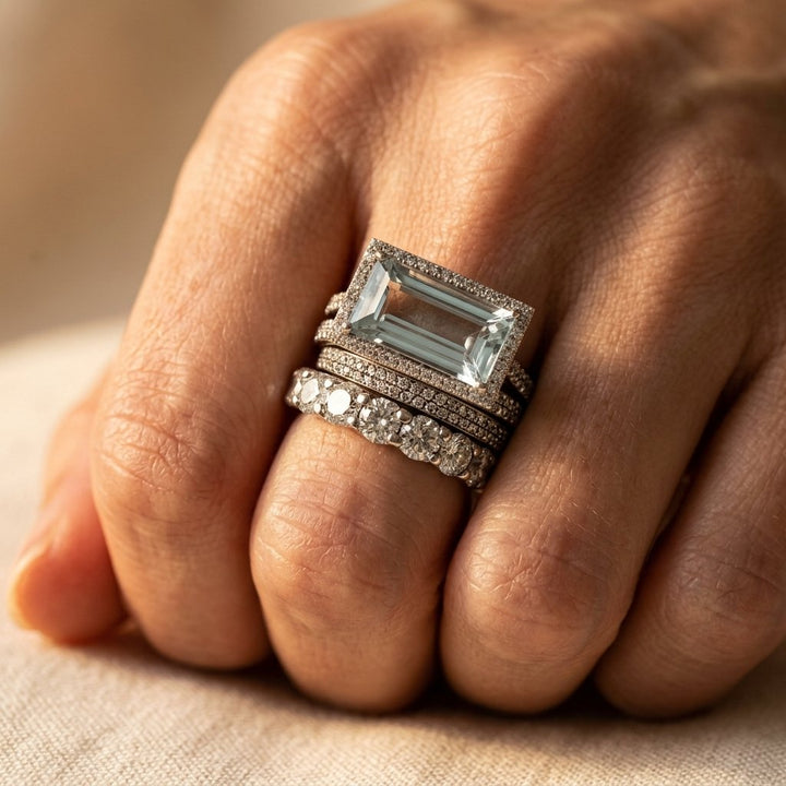 Vintage Silver Emerald Cut Aquamarine Ring Set