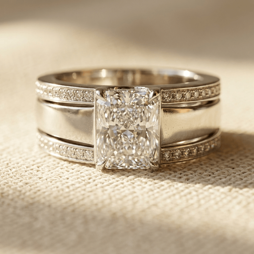 Rosé goudkleurige diamanten ring met emerald slijpsel