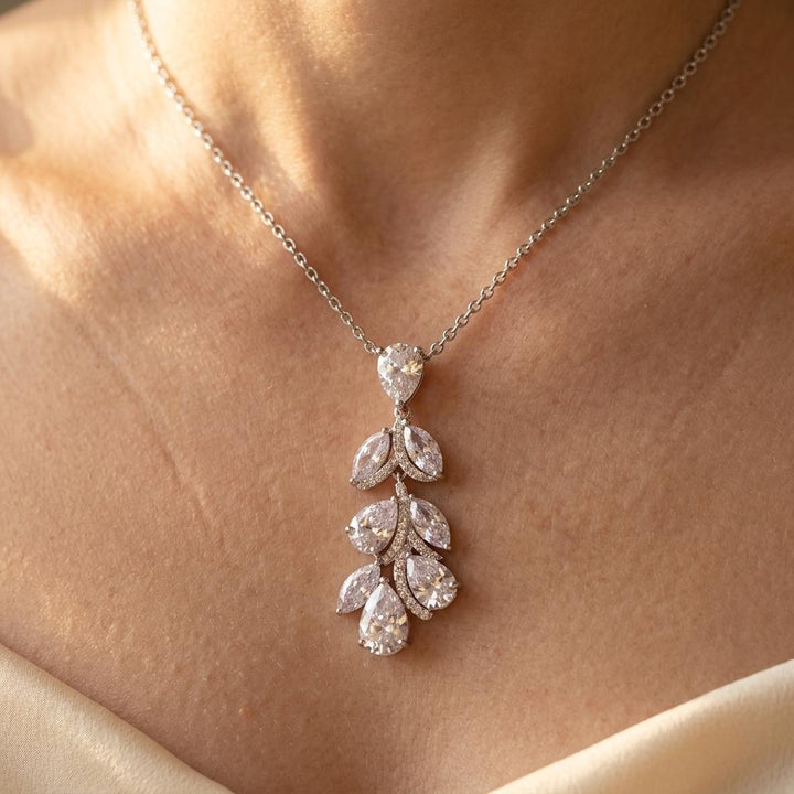 Silver Pear Cut Crystal Leaf Necklace