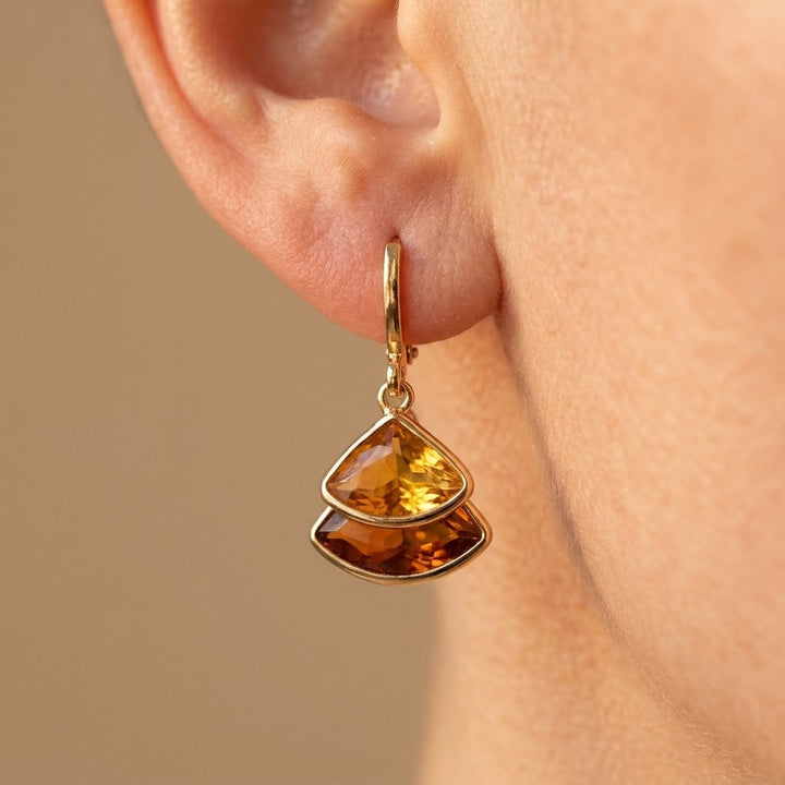Gold Amber Cushion Fan Shaped Earrings