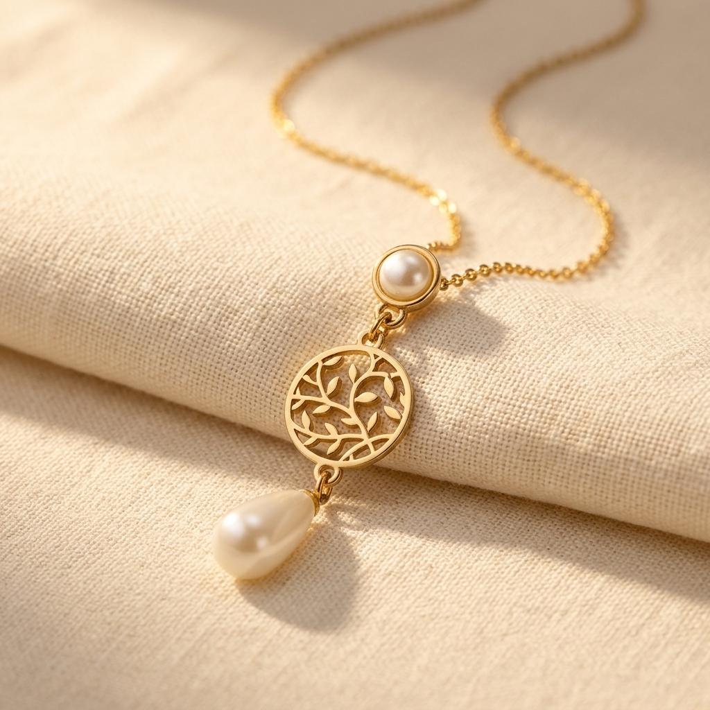 Elegante goudkleurige ketting met bloem- en parelhanger