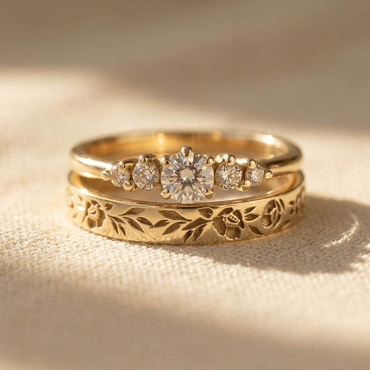 Vintage Gold Floral Filigree Round Cubic Zirconia Ring Set