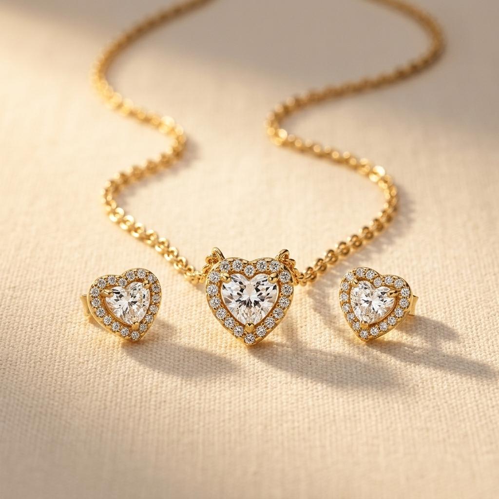 Elegante goudkleurige sieradenset met harthanger ketting en oorbellen