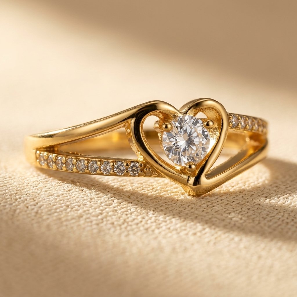 Goudkleurige hartvormige ring met ronde zirkonia