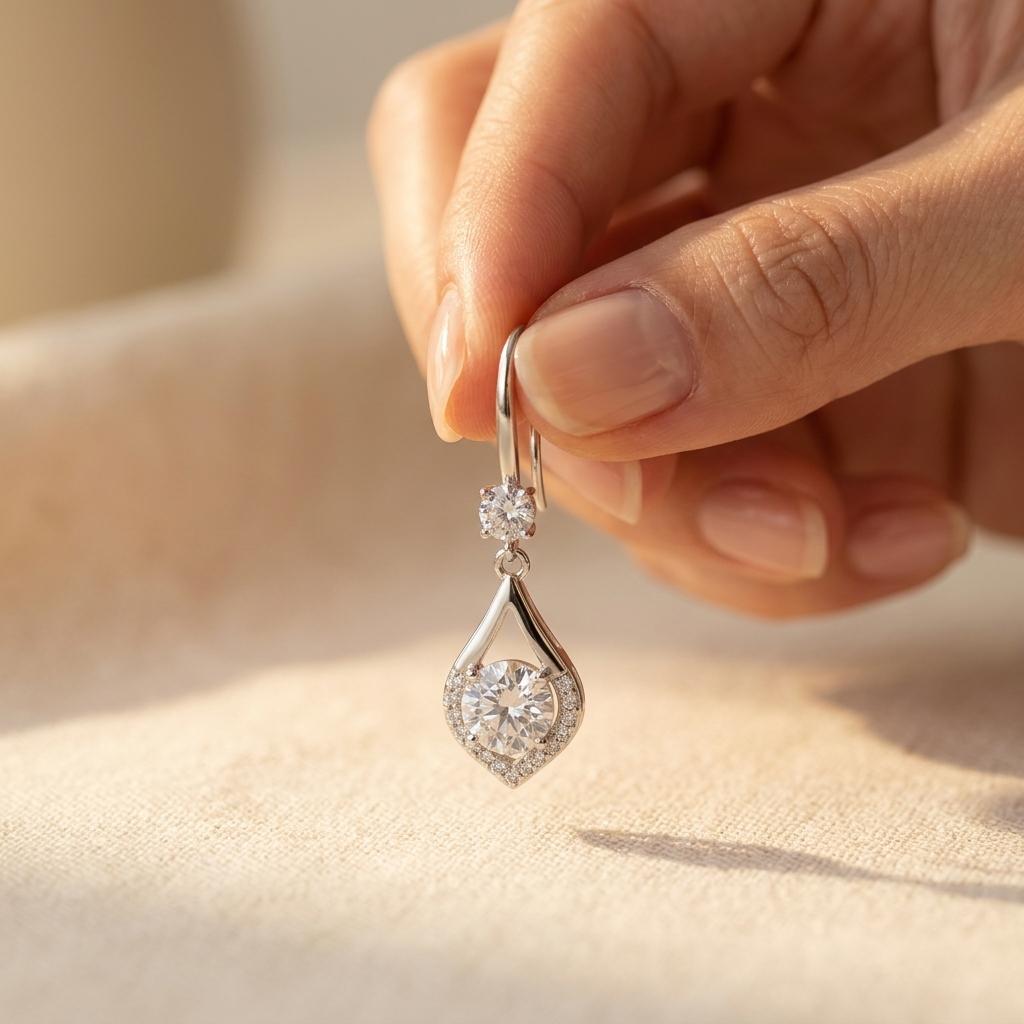 Sterling zilveren oorhangers met druppelvormige diamant