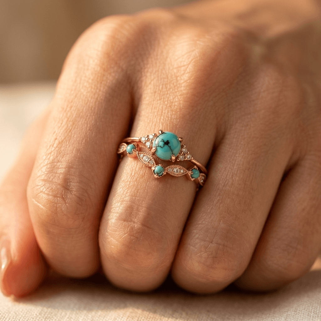 Vintage bohemien turkooizen koperkleurige ring
