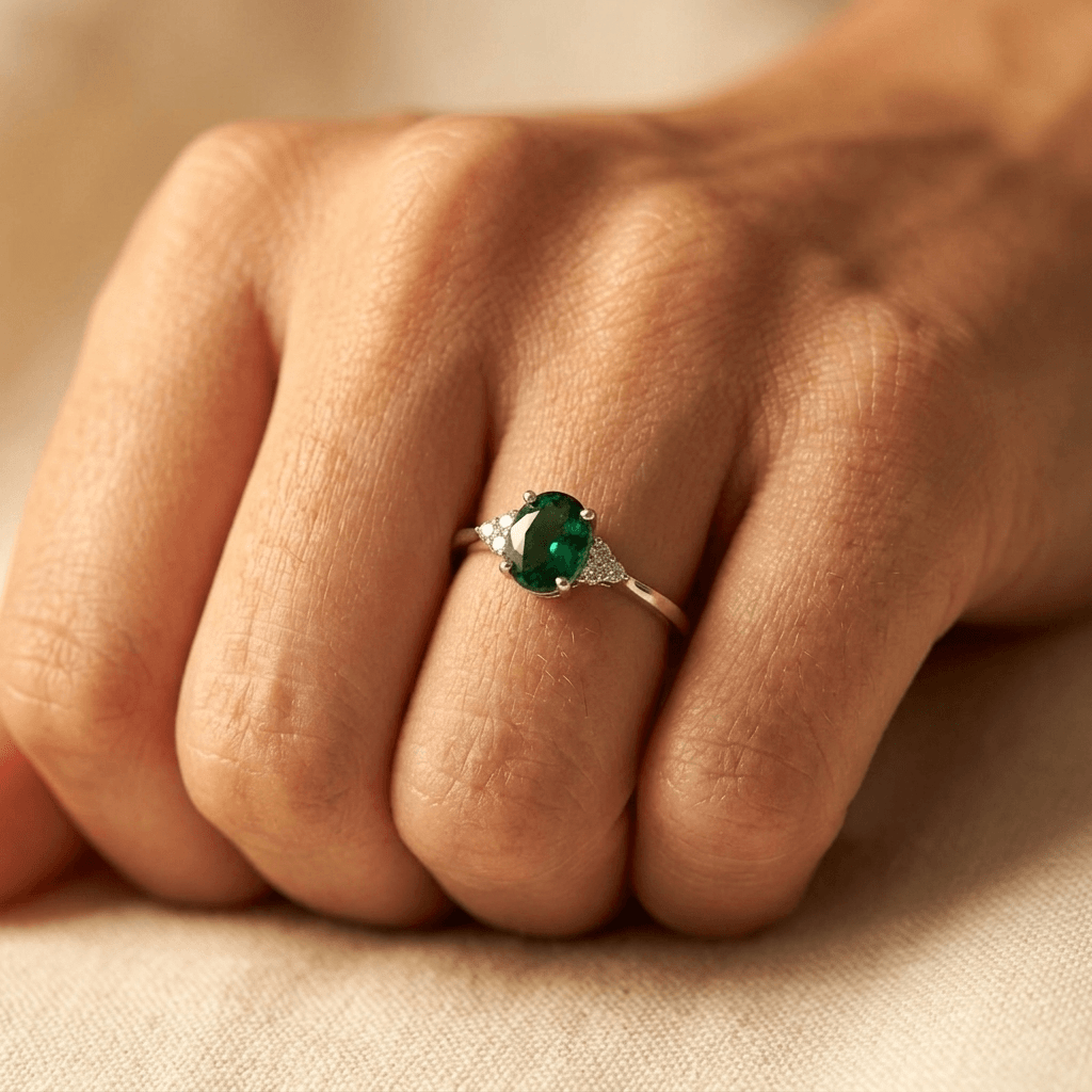 Zilverkleurige stapelring met ingelegde groene steen