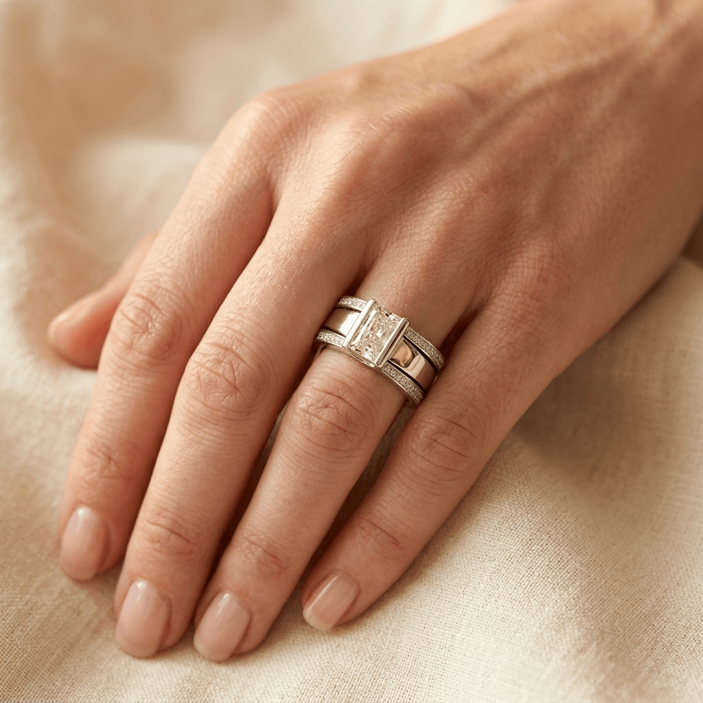 Rosé goudkleurige diamanten ring met emerald slijpsel