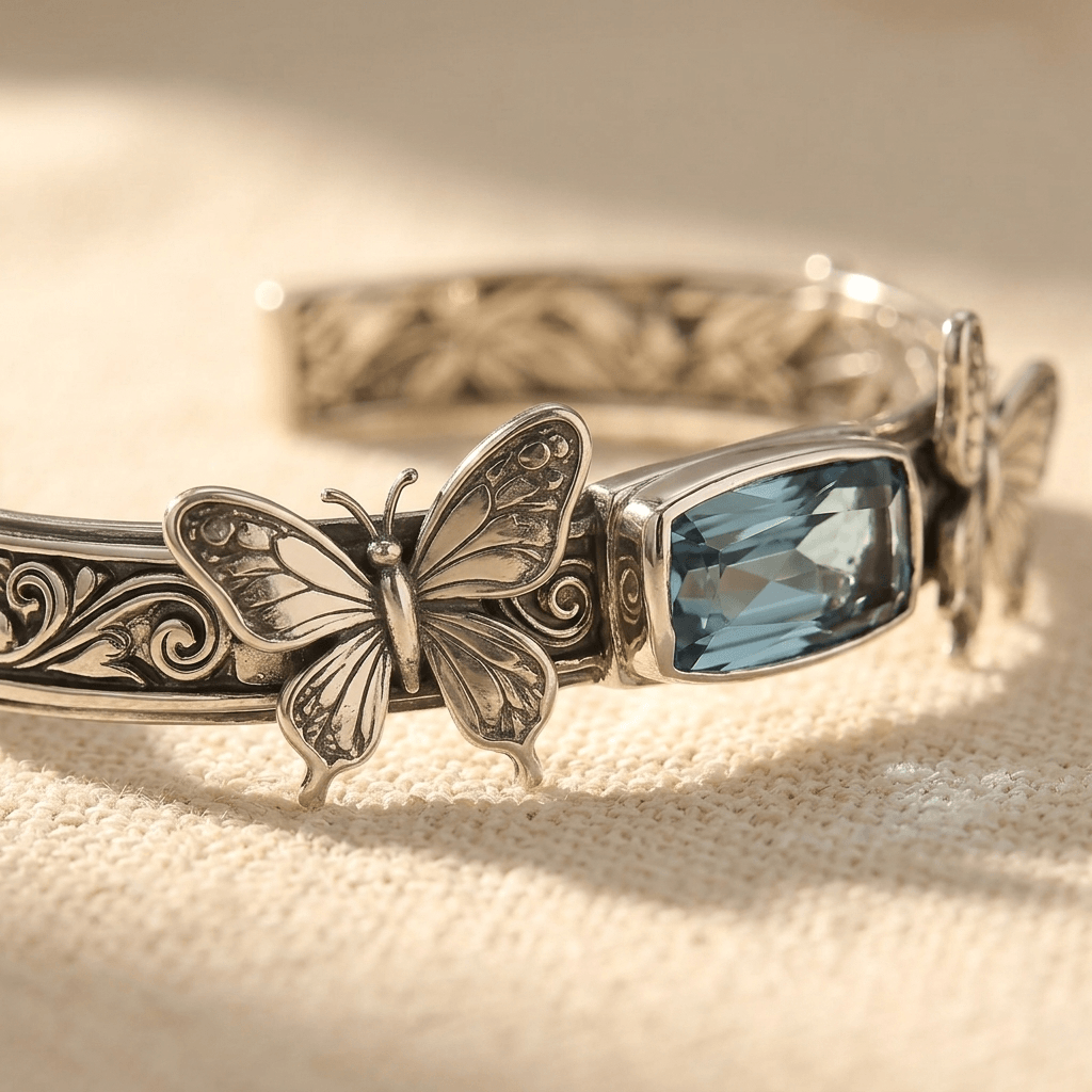 Vintage zilverkleurige libelarmband met blauwe steen