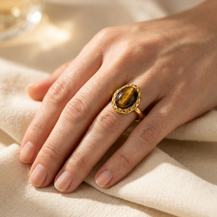 Gold Tigers Eye Oval Statement Ring