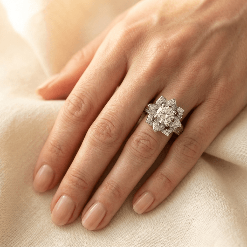 Elegante zirkonia verlovingsring met lotusbloem