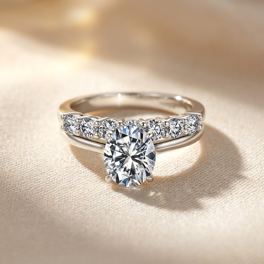 Zilverkleurige ovale moissaniet ring met zijstenen