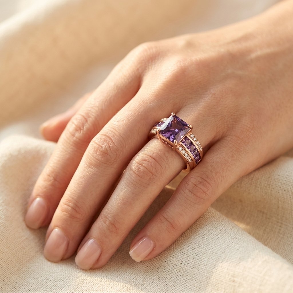 Elegante rechthoekige ring met paarse zirkonia in vintage stijl