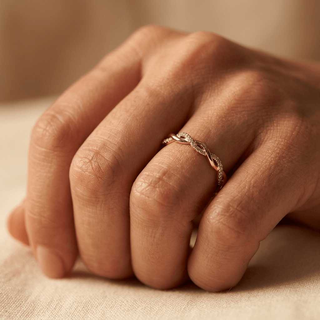 Modieuze elegante gedraaide zilverkleurige ring met zirkonia