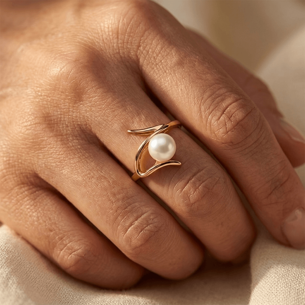 Goudkleurige asymmetrische open ring met parel