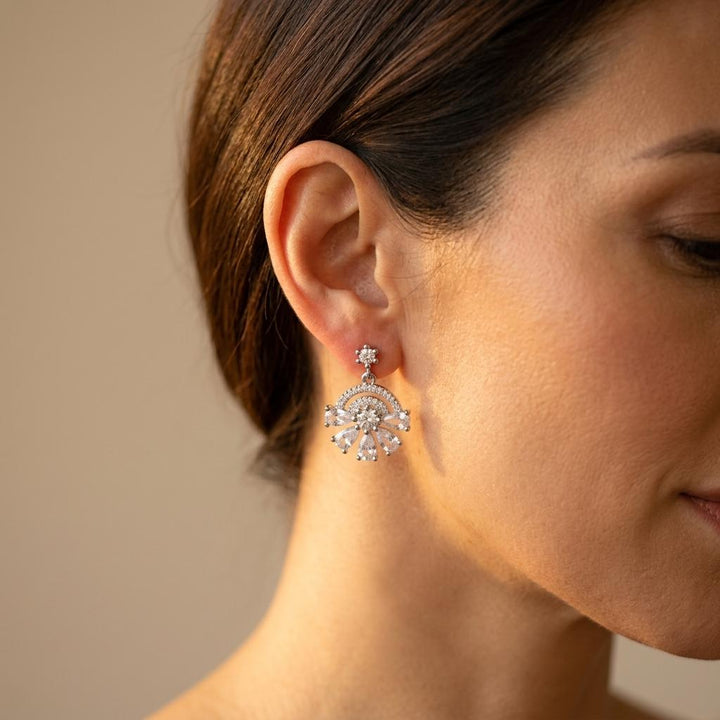 Vintage Silver Crystal Fan Drop Earrings