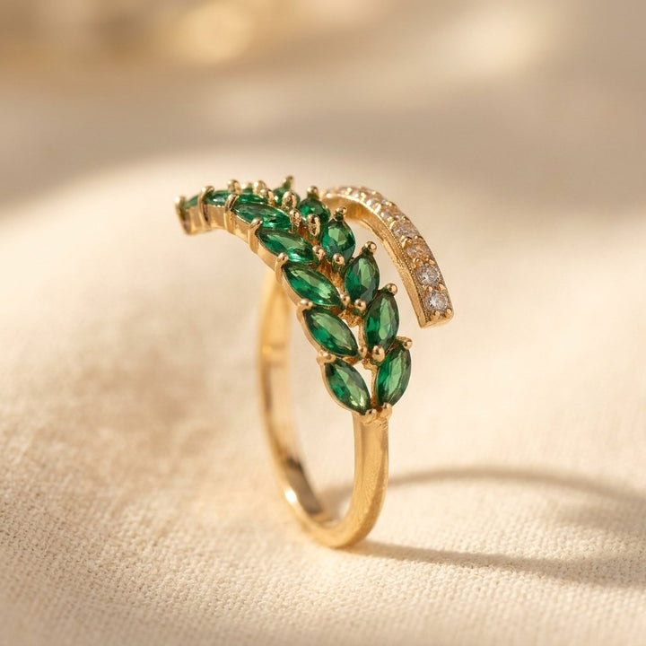 Gold Emerald Marquise Leaf Ring