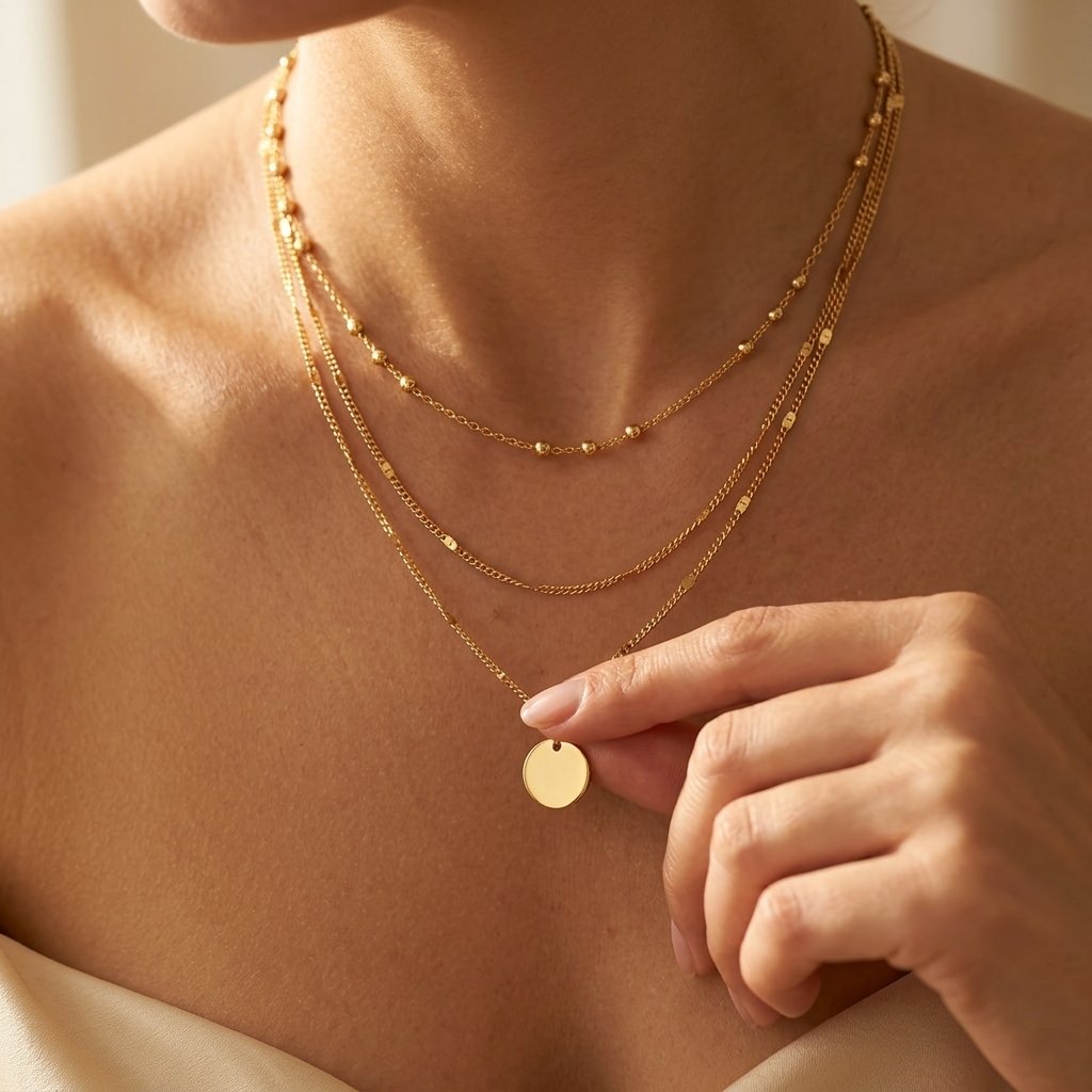 Goudkleurige gelaagde schakelketting met ronde hanger