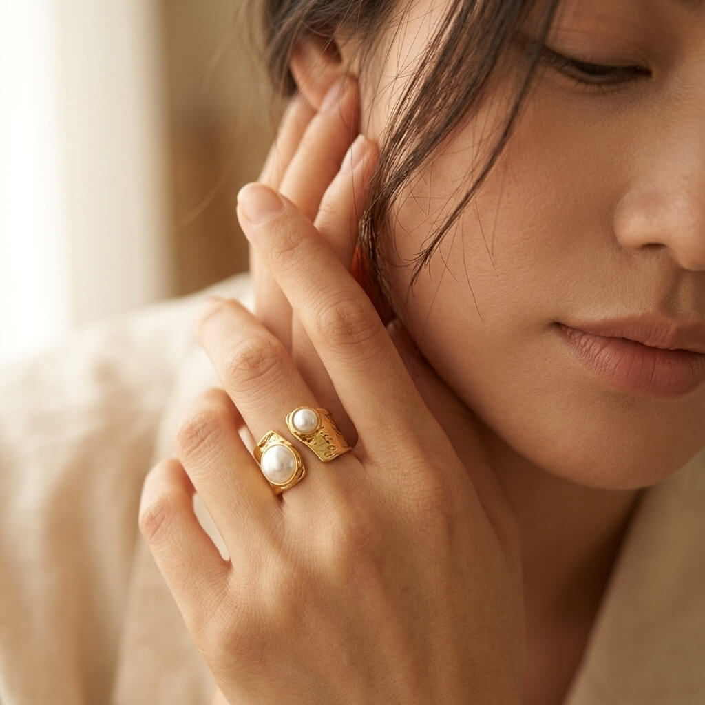Goudkleurige dubbele ronde ring met parel