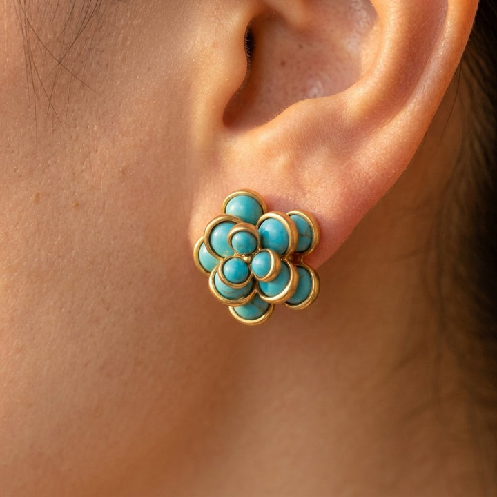 Retro Gold Turquoise Flower Earrings