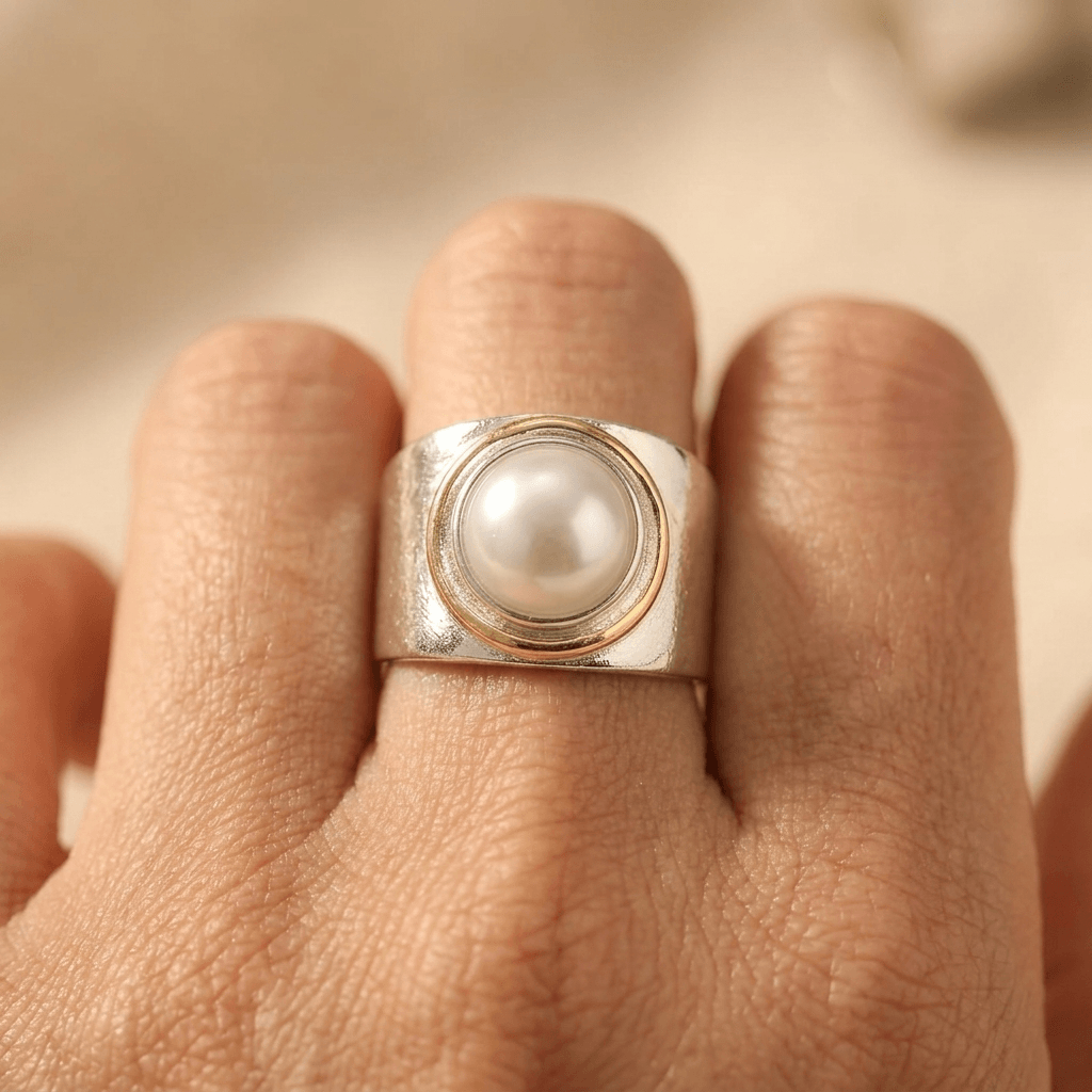 Vintage zilver- en goudkleurige statement ring met parel