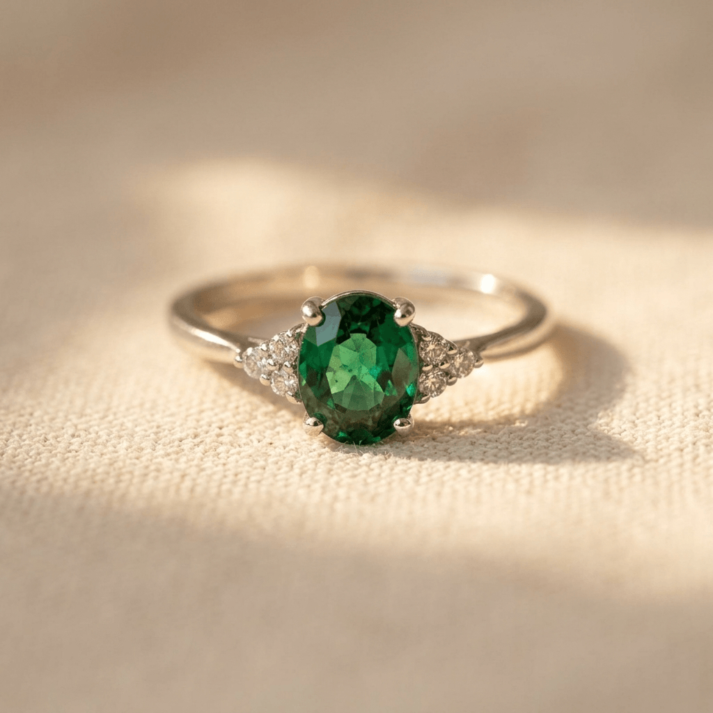Zilverkleurige stapelring met ingelegde groene steen