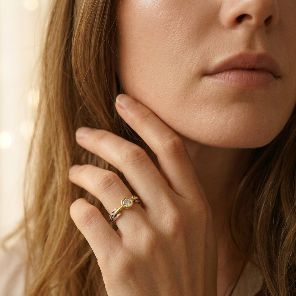 Retro tweekleurige gehamerde zirkonia ring