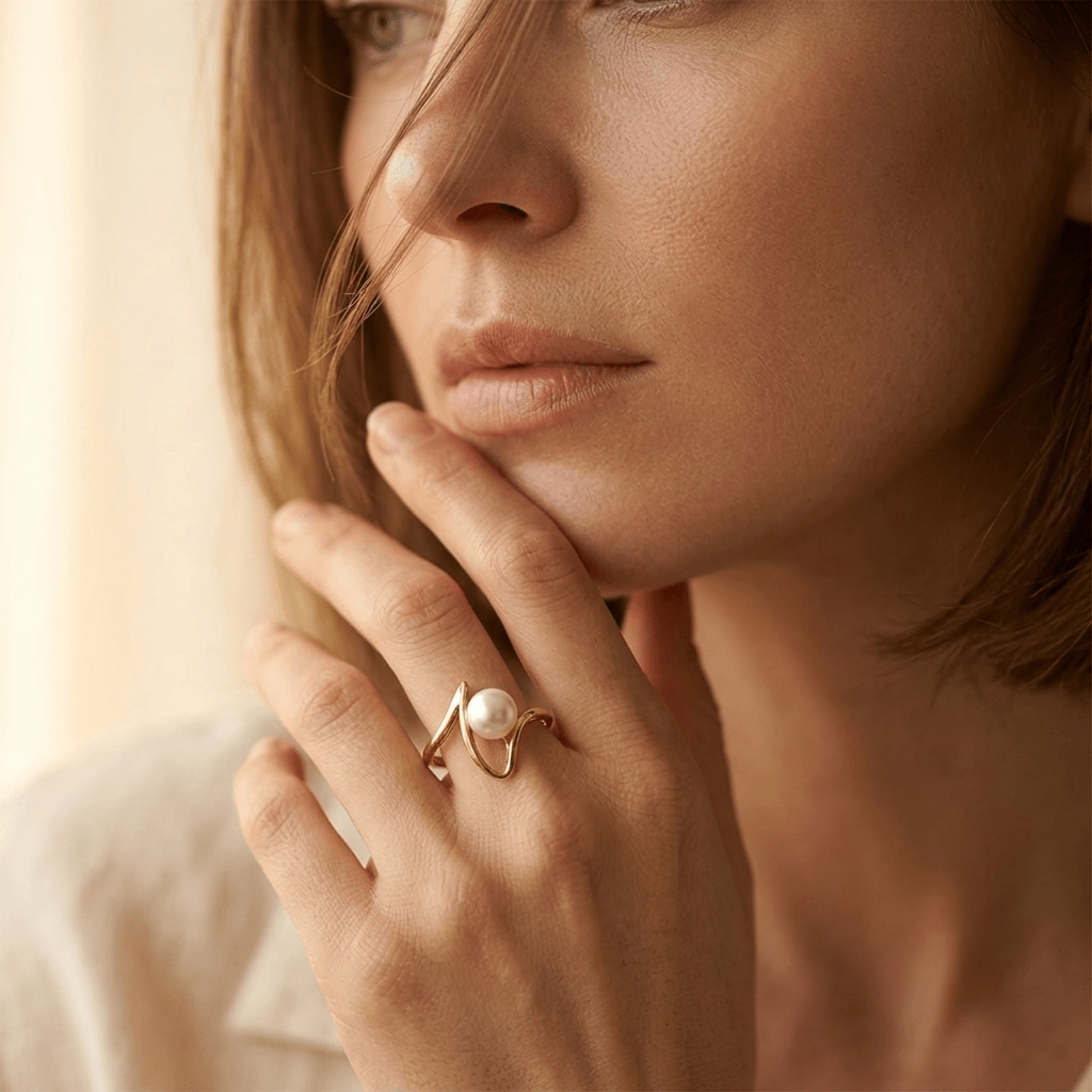 Goudkleurige asymmetrische open ring met parel