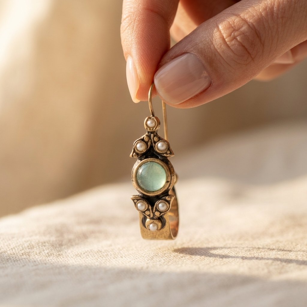 Vintage oorringen met mintgroene cabochon en parel