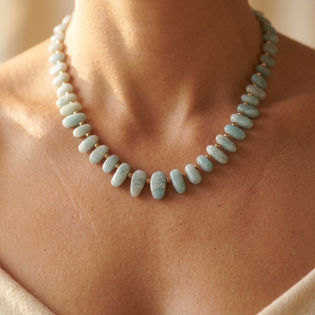 Boho goudkleurige aquamarijn tonkralen ketting