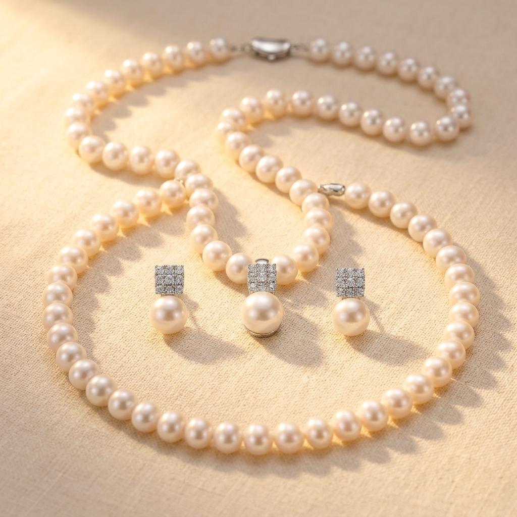 Parel ronde sieradenset met ketting en oorbellen