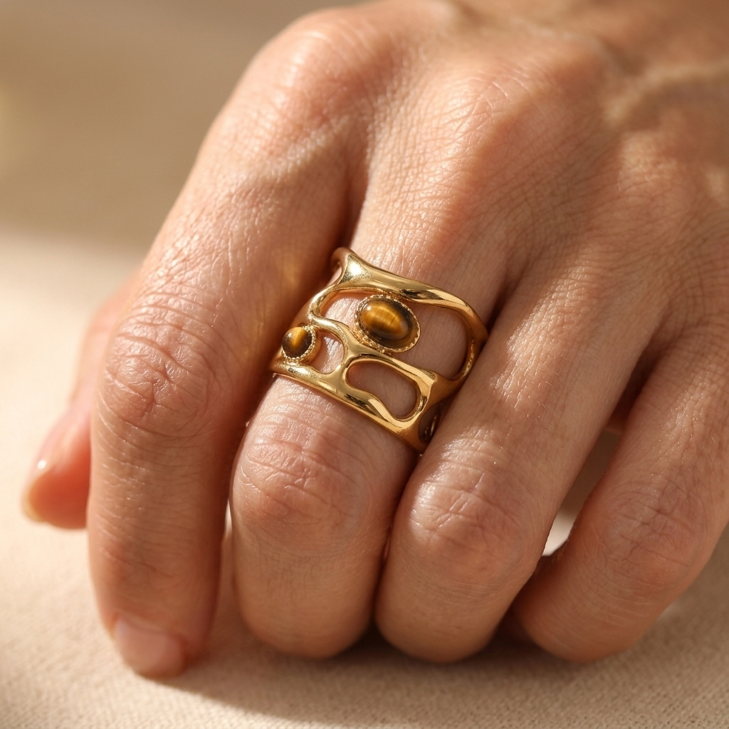 Vergulde geometrische cuff ring met tijgeroog steen