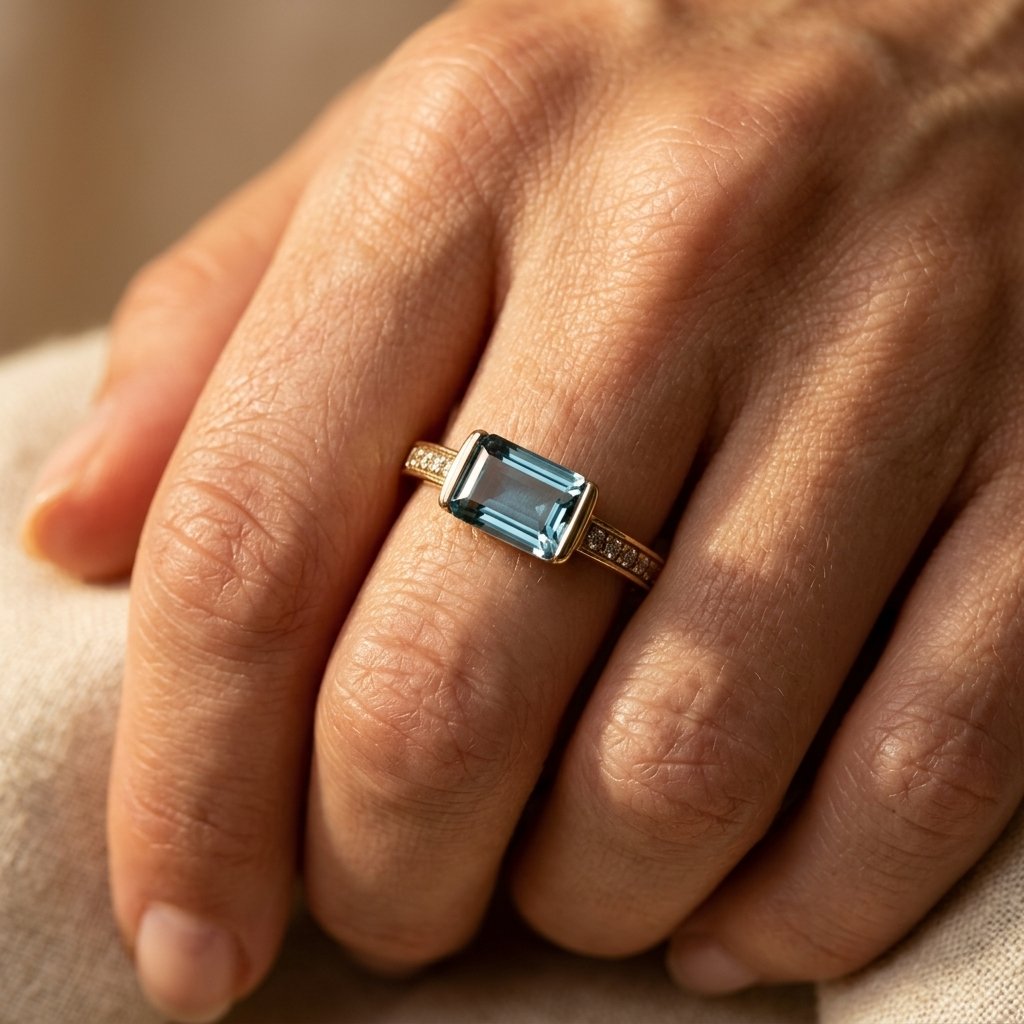 Vintage roestvrij stalen ring met groene beril en goudkleurige afwerking