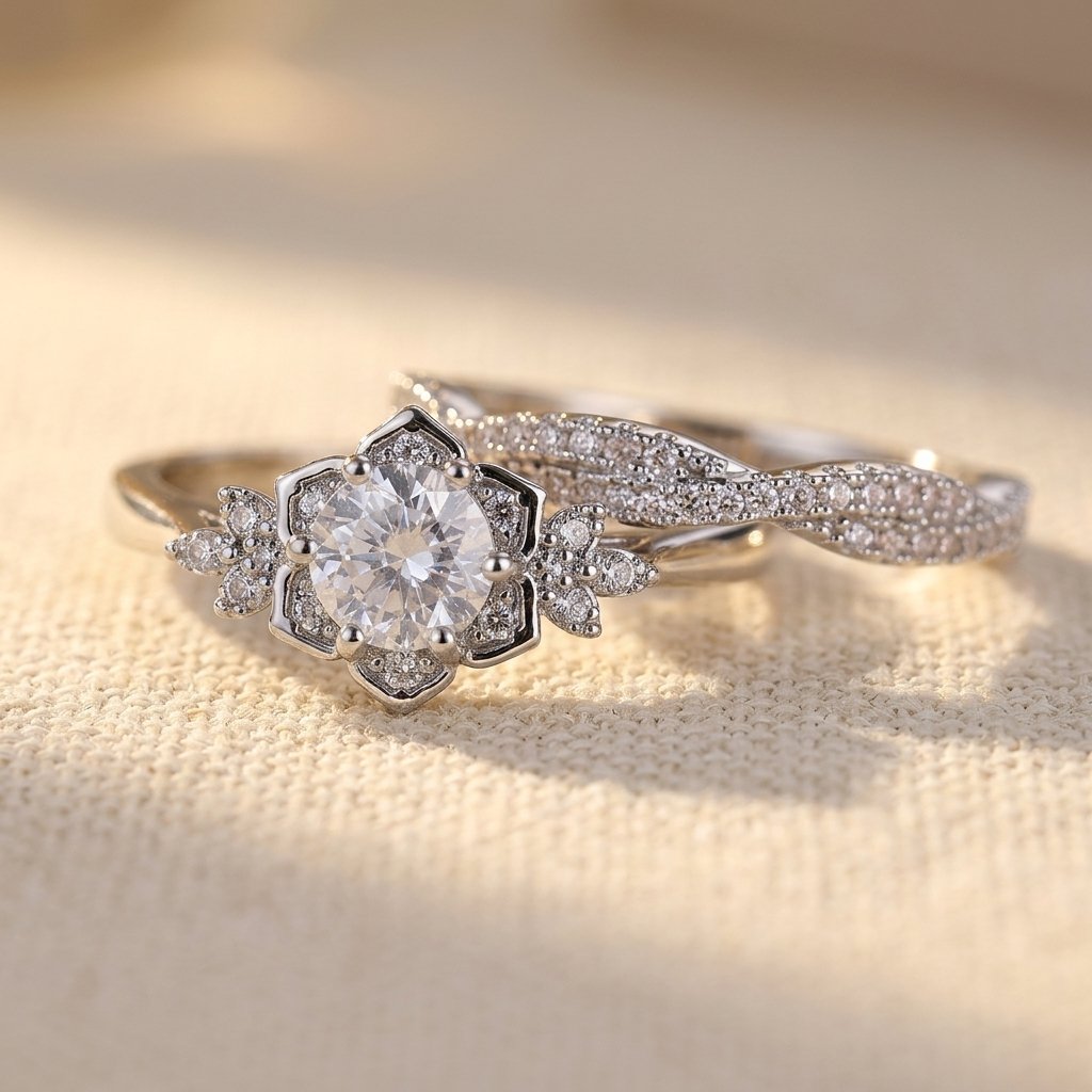 Vintage zilverkleurige filigrein ringenset met ronde zirkonia