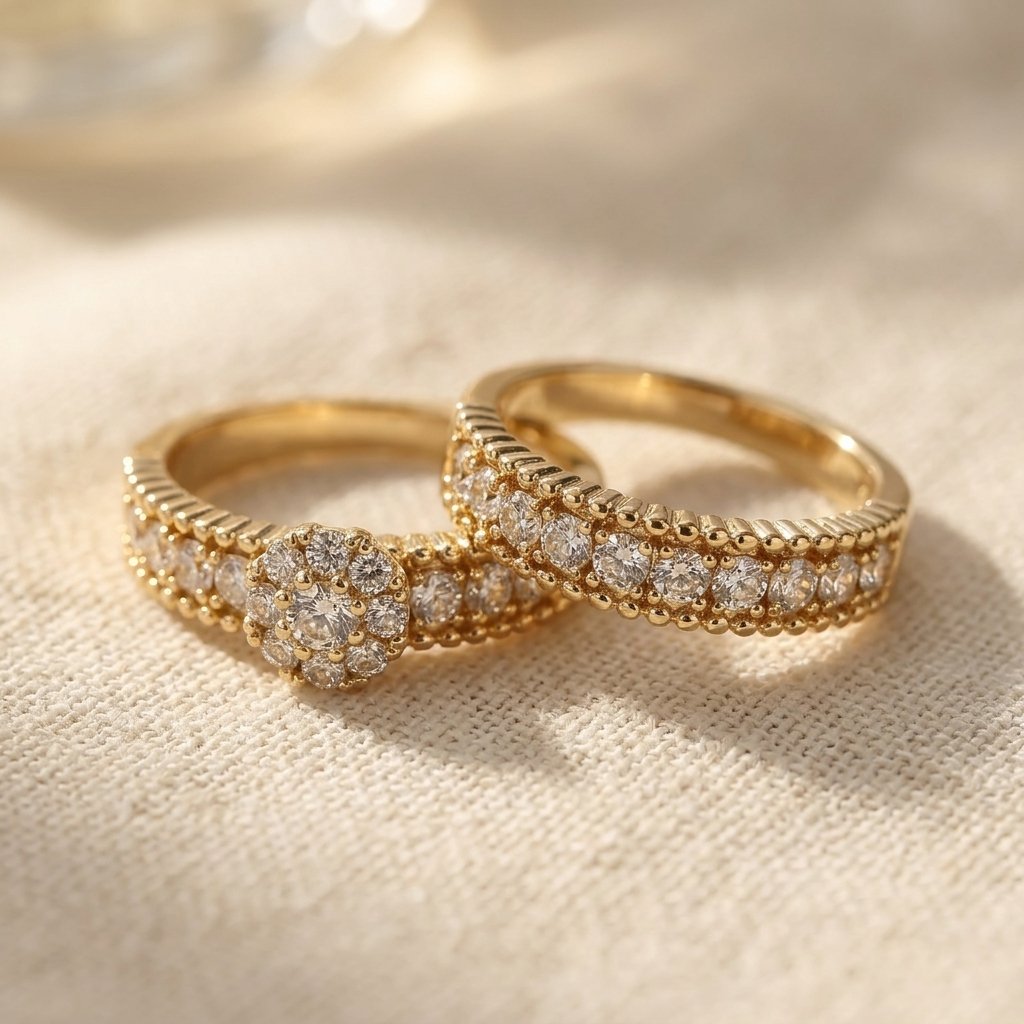 Goudkleurige bloemen halo ringenset met zirkonia