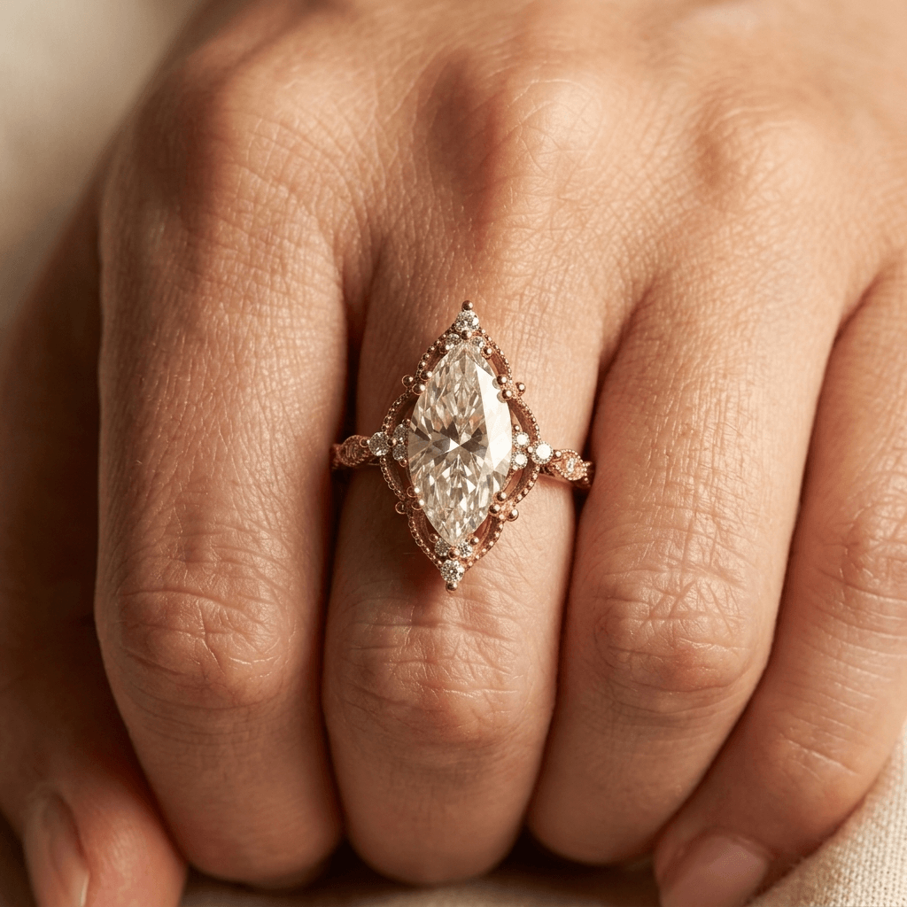 Vintage bohemien koperen ring met marquise rozenkwarts