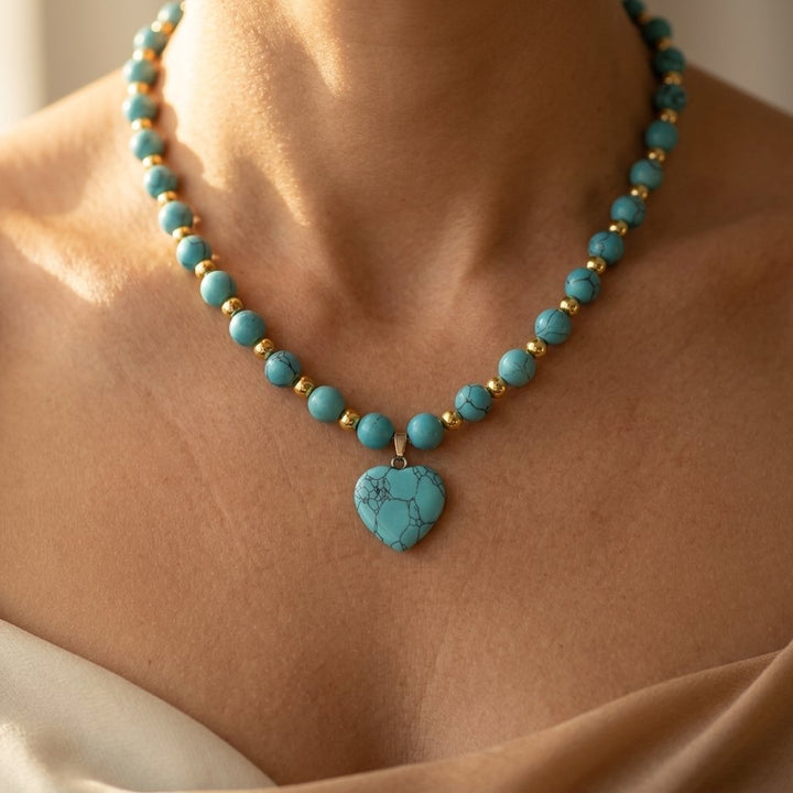 Boho Gold Turquoise Heart Beaded Necklace