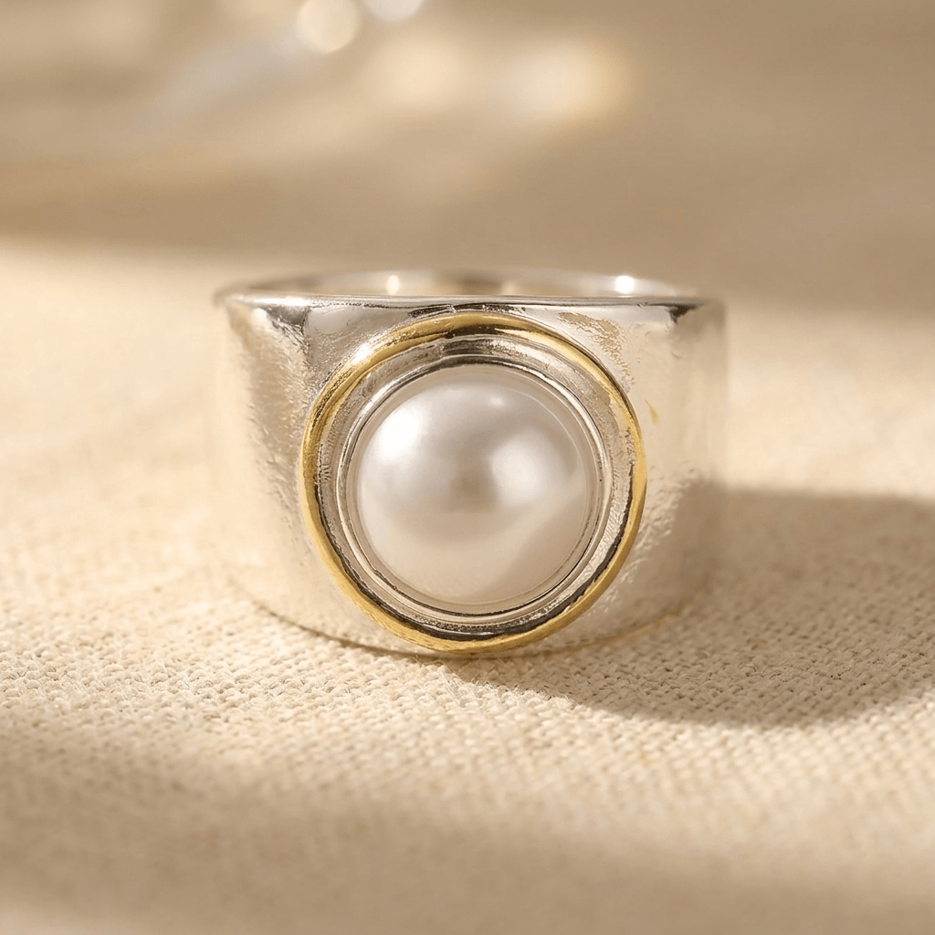 Vintage zilver- en goudkleurige statement ring met parel