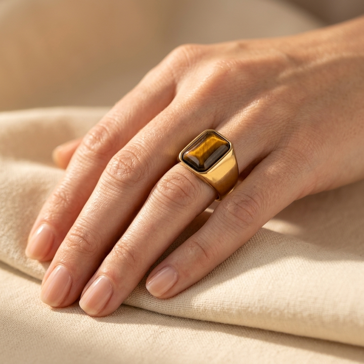Gold Tiger Eye Stone Rectangular Signet Ring