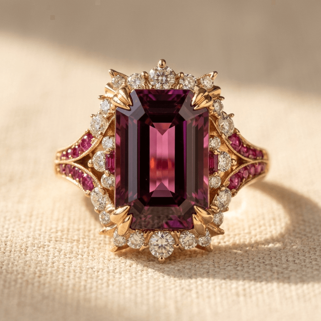 Elegante bloemenring met rode synthetische zirkonia