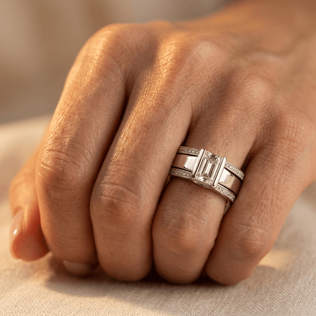 Rosé goudkleurige diamanten ring met emerald slijpsel