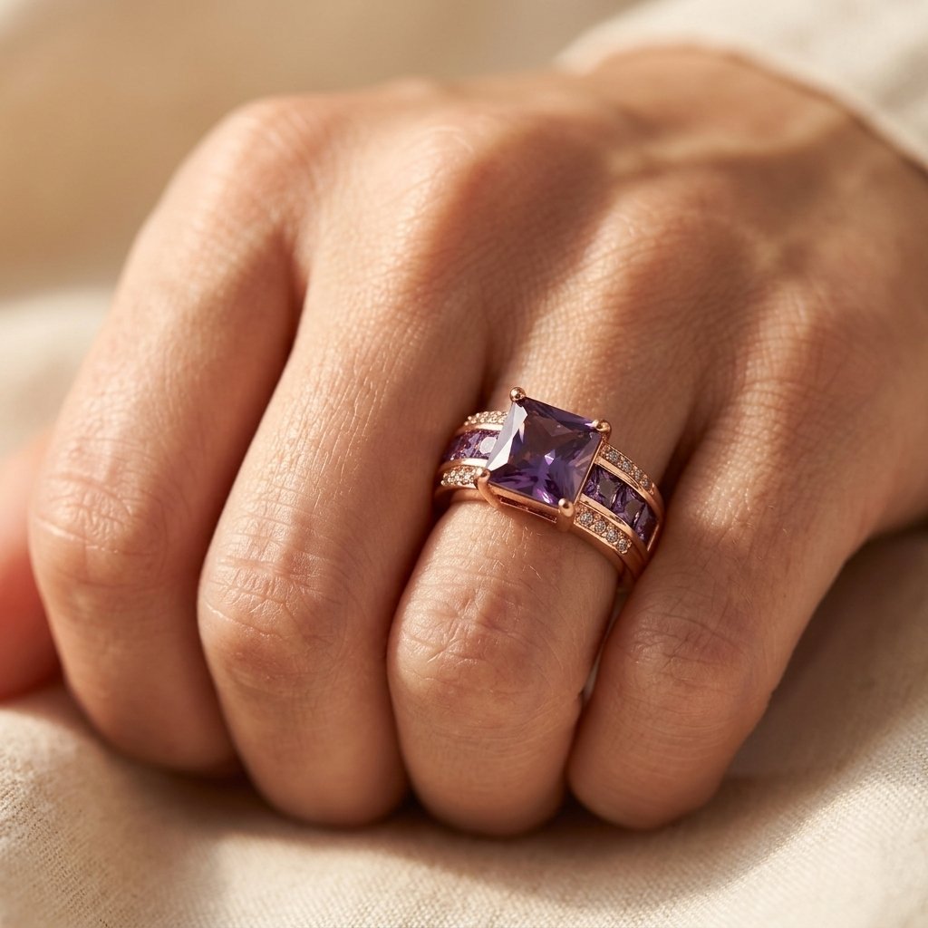 Elegante rechthoekige ring met paarse zirkonia in vintage stijl