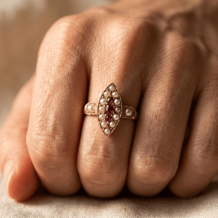 Vintage Gold Pearl Ruby Oval Ring