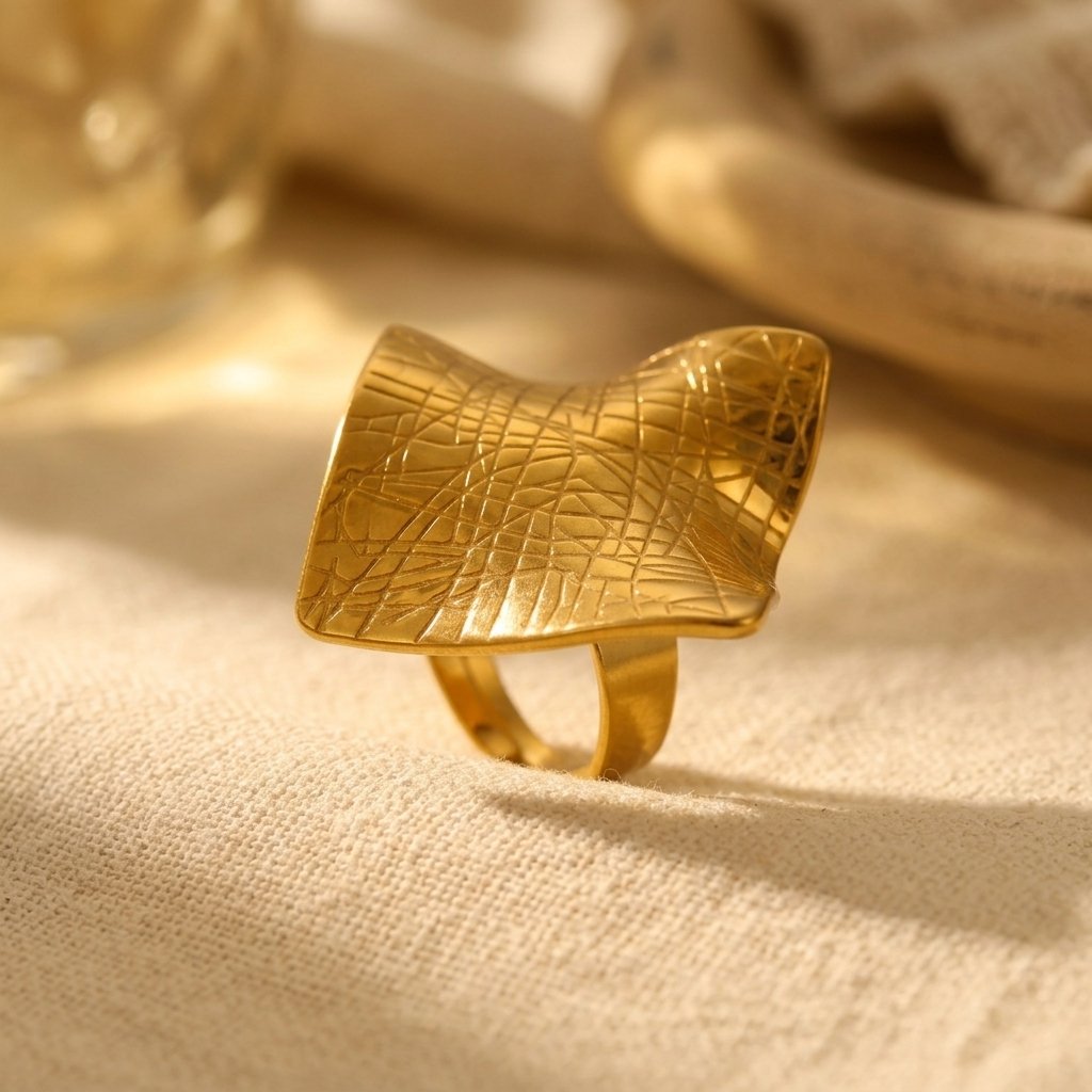 Minimalistische goudkleurige vierkante ring met textuur