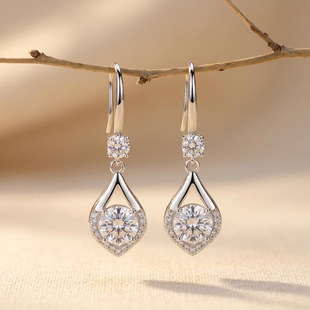 Sterling zilveren oorhangers met druppelvormige diamant