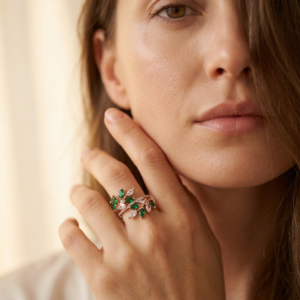 Goudkleurige bladtak ring met groen kristal