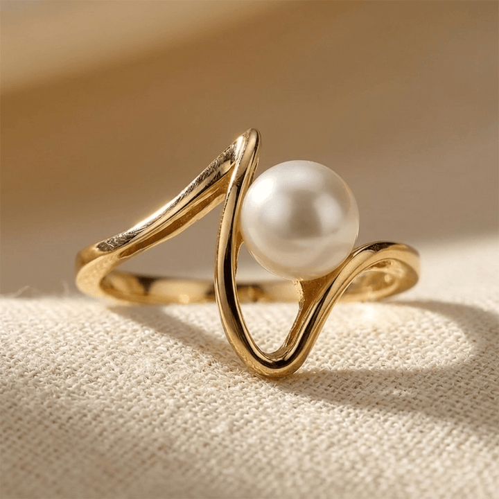 Gold Pearl Asymmetric Open Ring